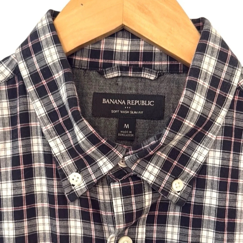 Banana Republic Soft Wash Slim Fit Plaid B/W Button Down Shirt Men’s Size M